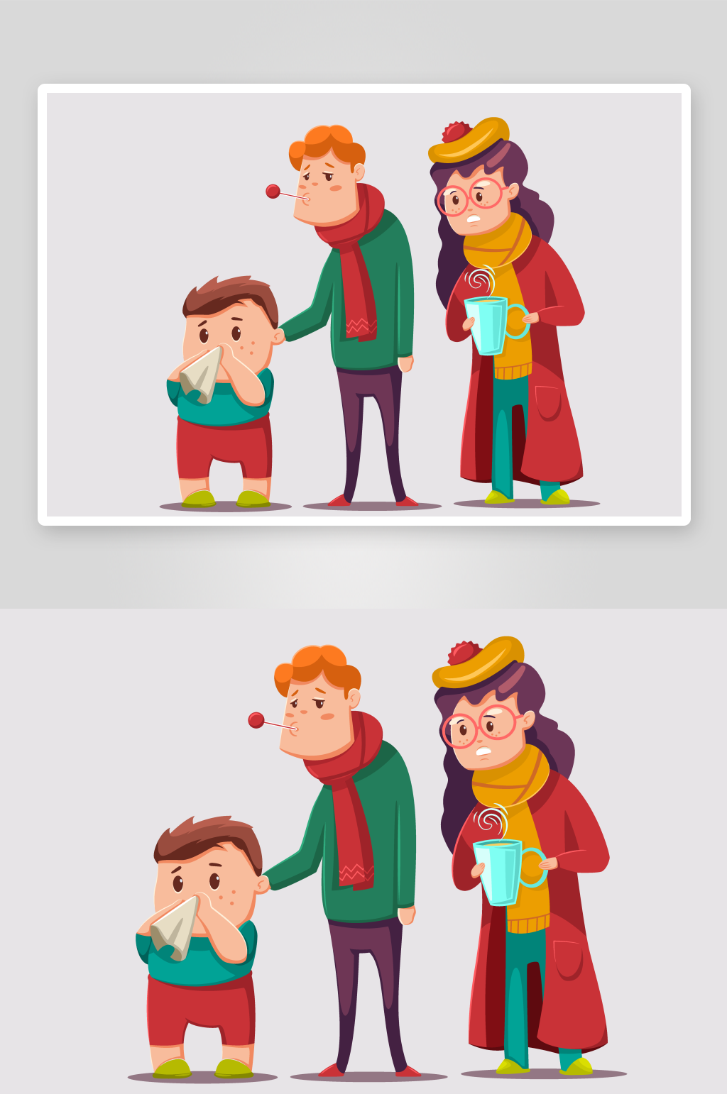 全家感冒生病卡通人物插画素材