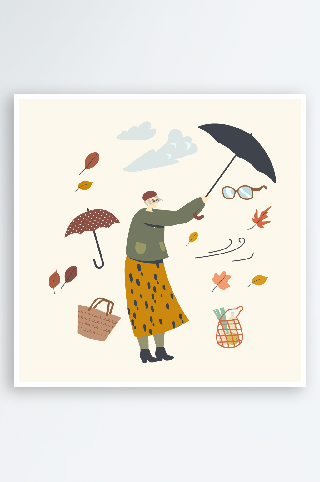 秋天风雨打伞的女孩卡通插画素材