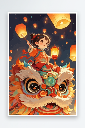 Q版中国风舞狮矢量插画素材下载-众图网