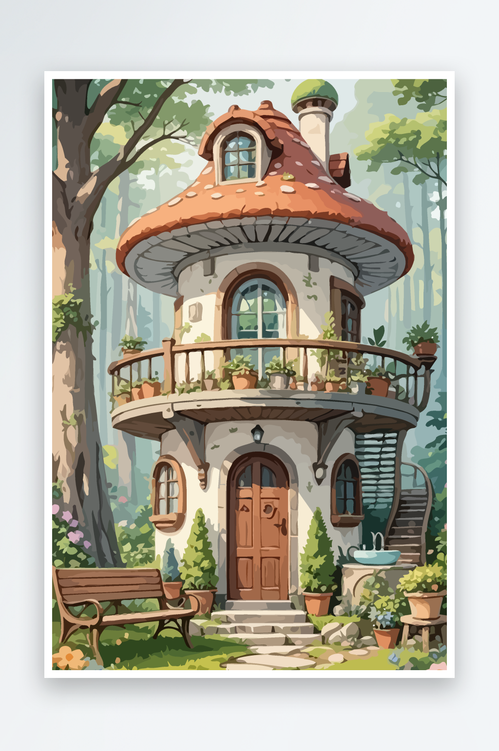 童话版的蘑菇树屋矢量插画元素素材