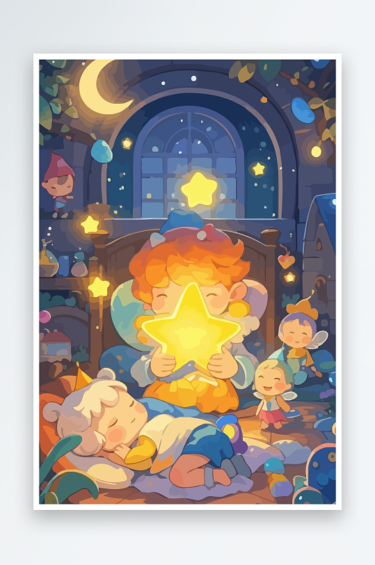 搂着星星的孩子矢量插画元素