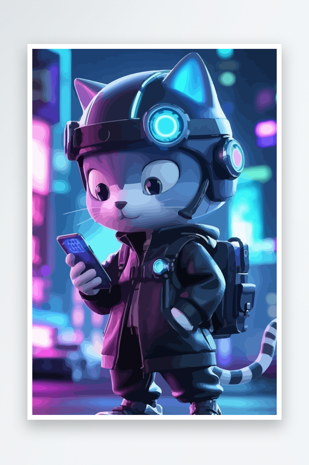 Q版科技感拟人化猫咪玩耍矢量插画素材