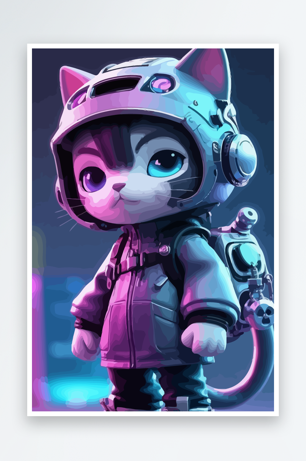 Q版科技感拟人化猫咪玩耍矢量插画元素素材