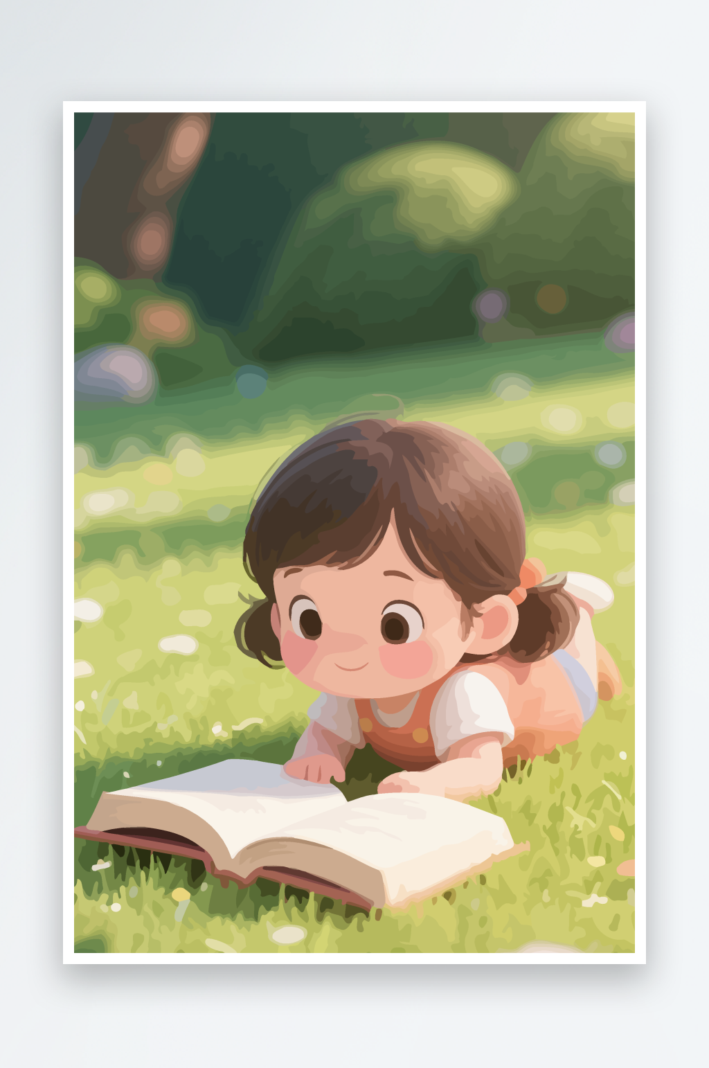Q版躺在草地上看书的女孩插画素材