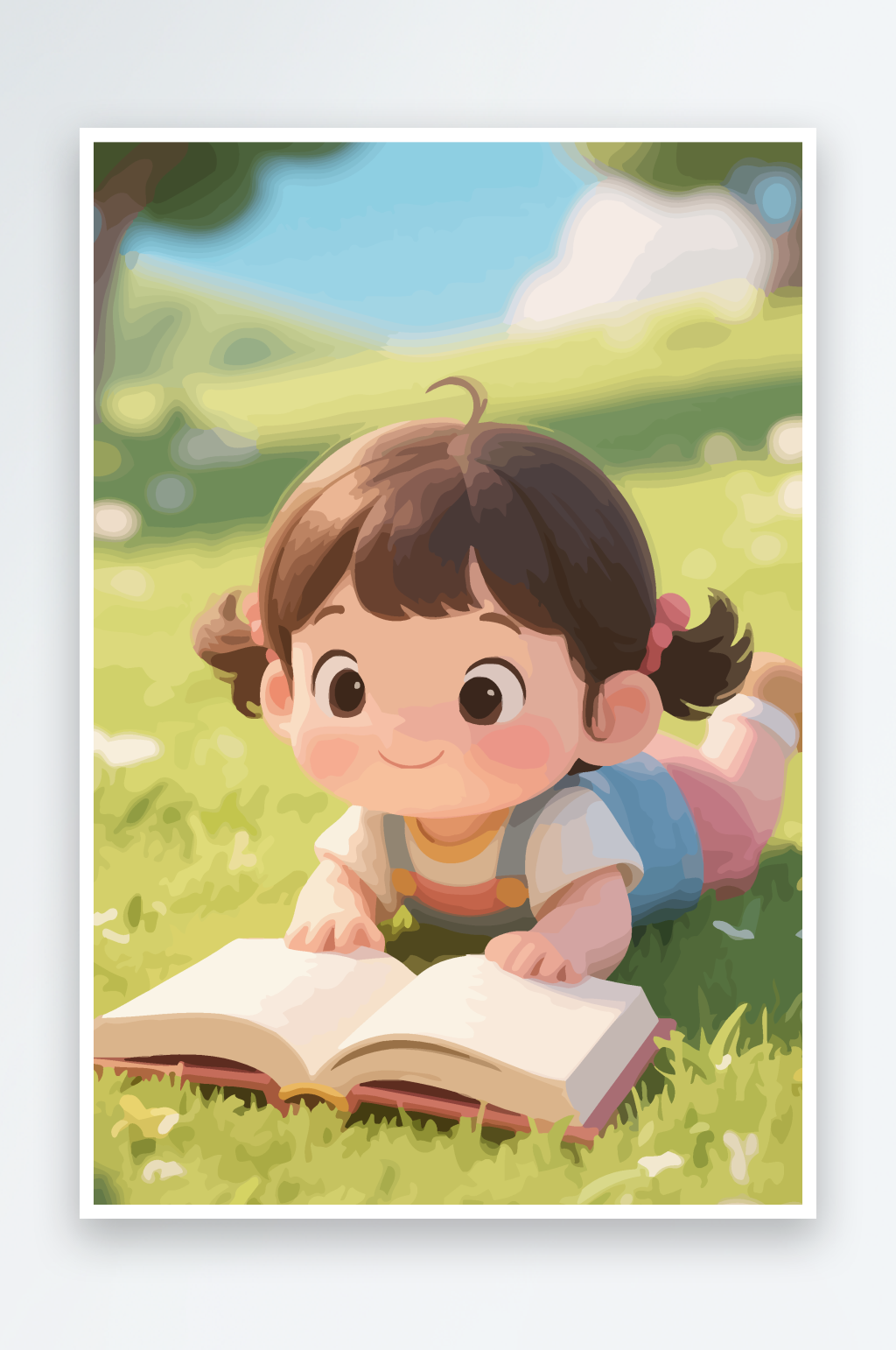 Q版躺在草地上看书的女孩插画素材