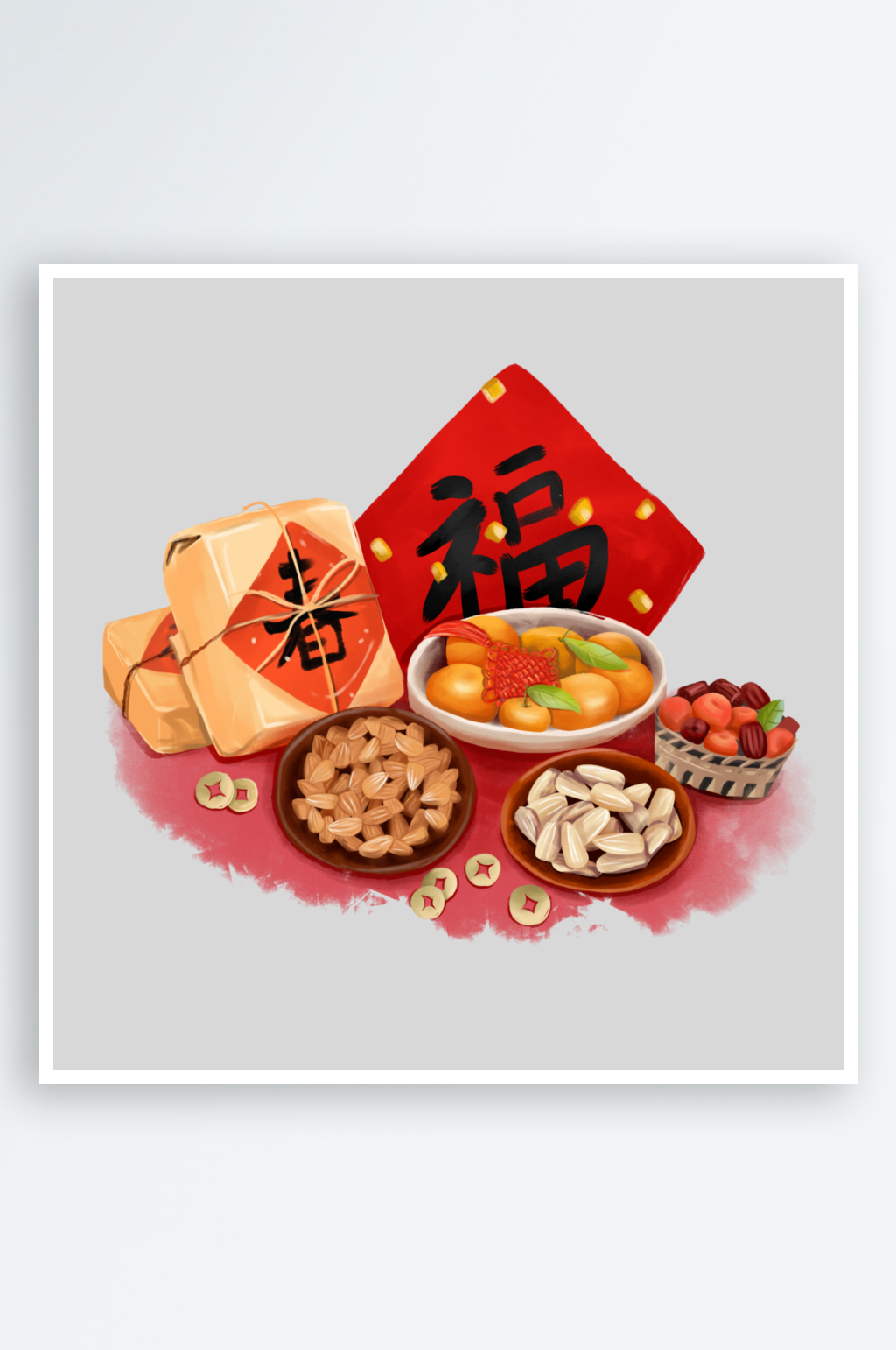 手绘国潮喜庆红色新年年货背景素材