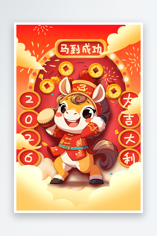 马年2026年新年春节小马插画-众图网