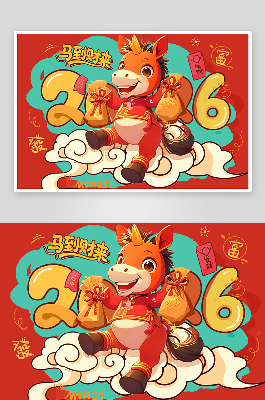 2026年马年新年春节马上发财插画-众图网