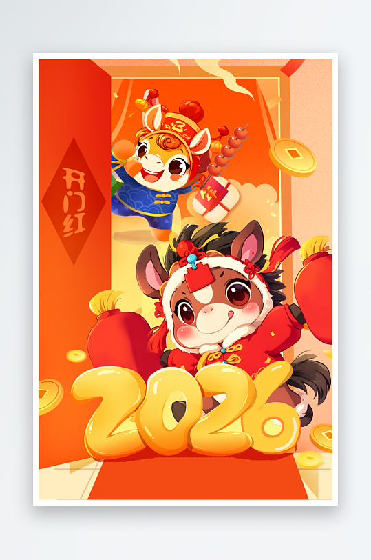 2026年马年新年春节开门红插画-众图网