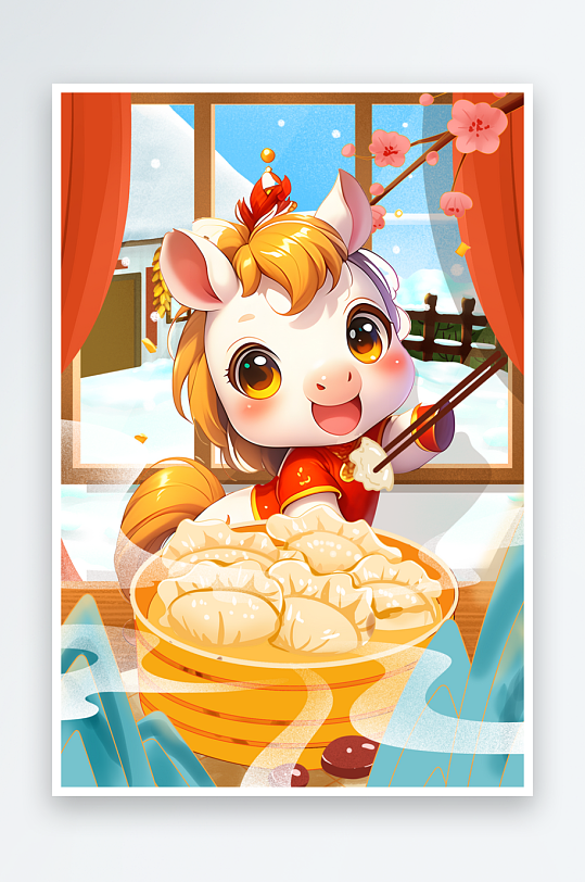 马年2026年新年吃饺子插画-众图网