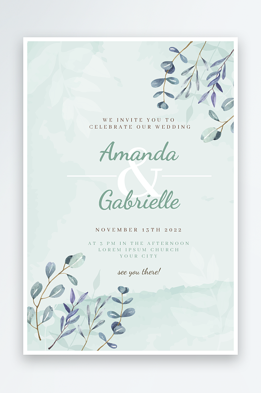 淡雅小清新婚宴婚礼请柬邀请函设计-众图网