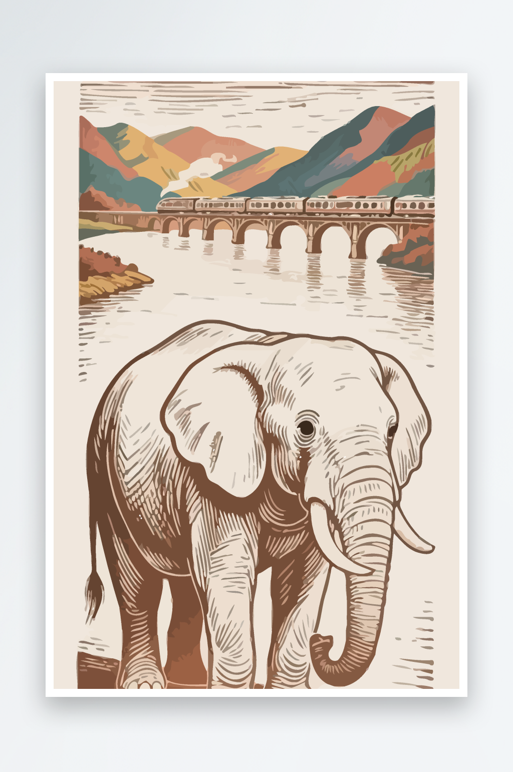 版画大象矢量插画素材