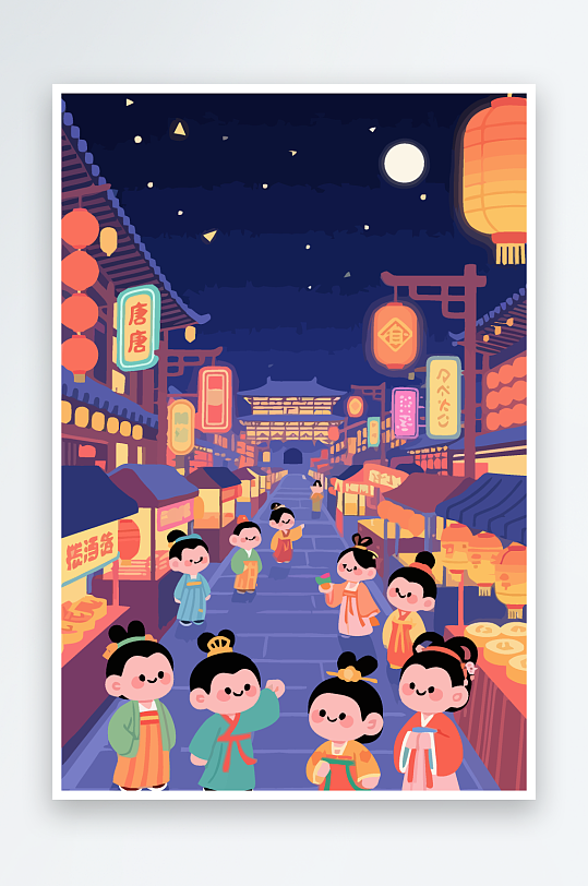 大唐夜市矢量插画插图图形头像Q版元素