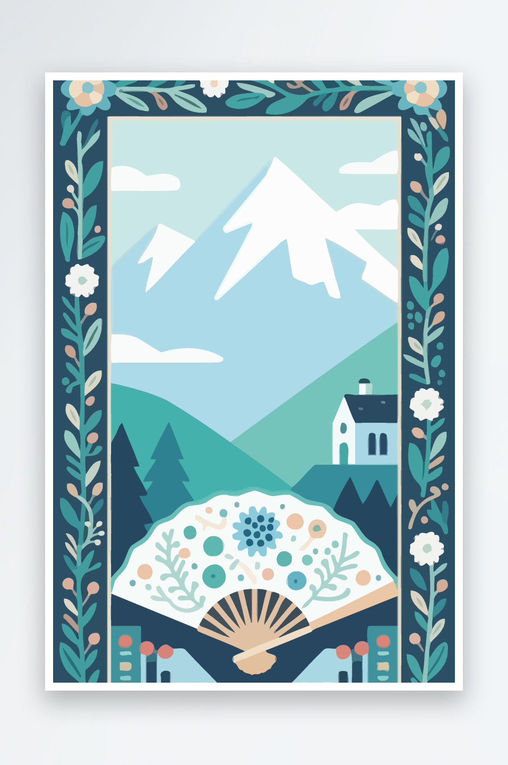 房子扇子风景矢量插画图形素材