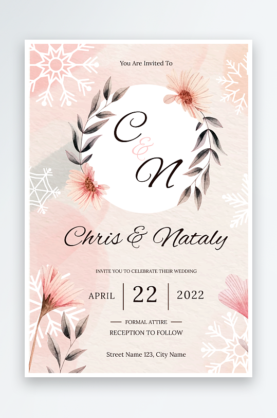 手绘水彩唯美淡雅结婚婚礼请柬邀请函设计-众图网