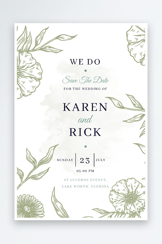 手绘水彩唯美淡雅结婚婚礼请柬邀请函设计-众图网