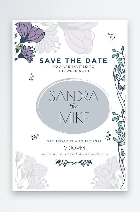 手绘水彩唯美淡雅结婚婚礼请柬邀请函设计-众图网