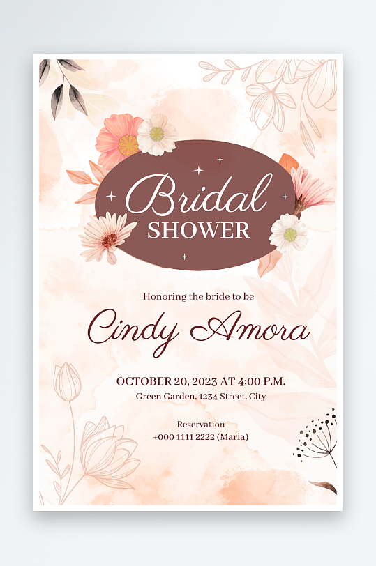 手绘水彩唯美淡雅结婚婚礼请柬邀请函设计-众图网