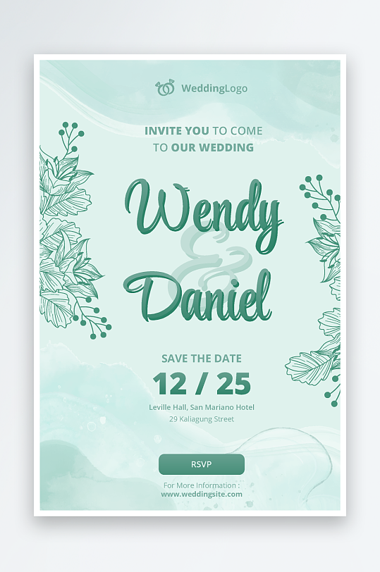 手绘水彩唯美淡雅结婚婚礼请柬邀请函设计-众图网