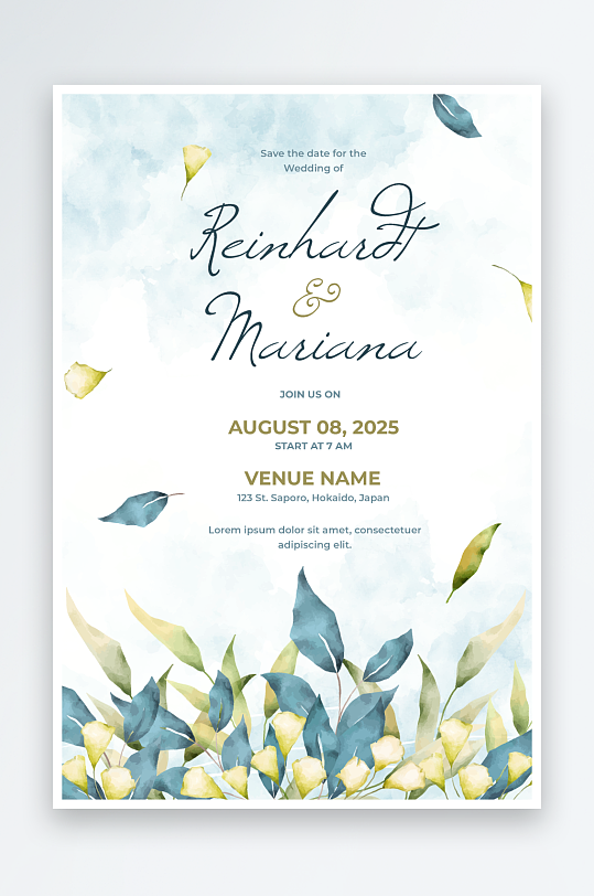 手绘水彩唯美淡雅结婚婚礼请柬邀请函设计-众图网