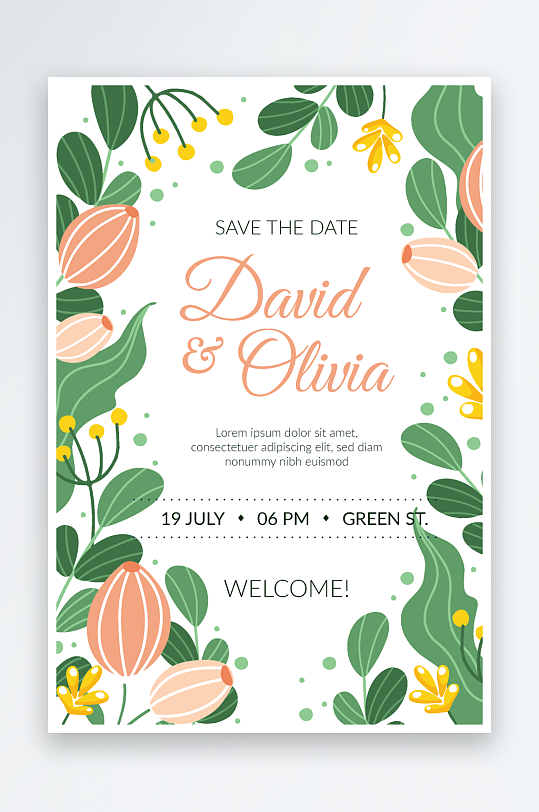 水彩手绘唯美淡雅结婚婚礼请柬邀请函设计-众图网