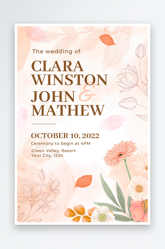 水彩手绘唯美淡雅结婚婚礼请柬邀请函设计-众图网