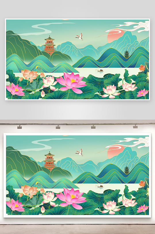 赏荷花节季开了荷叶展板背景美陈活动布置
