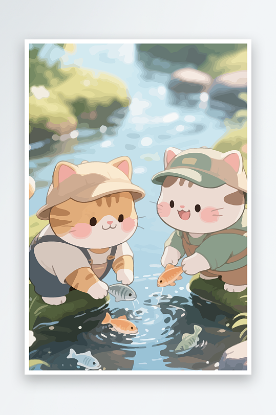 Q版两只小猫在小溪玩水-众图网