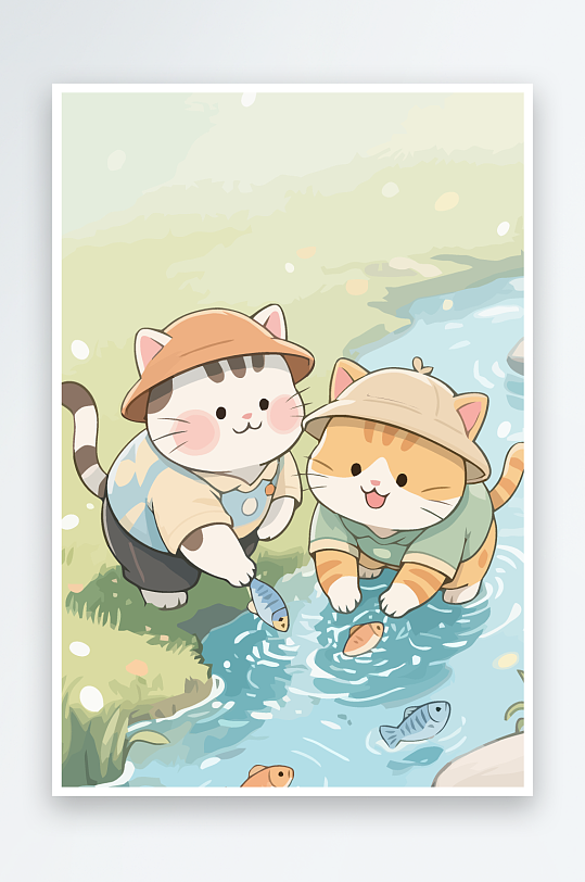 Q版两只小猫在小溪玩水-众图网
