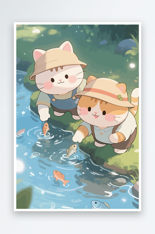 Q版两只小猫在小溪玩水-众图网