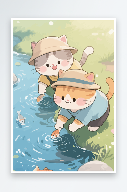 Q版两只小猫在小溪玩水-众图网