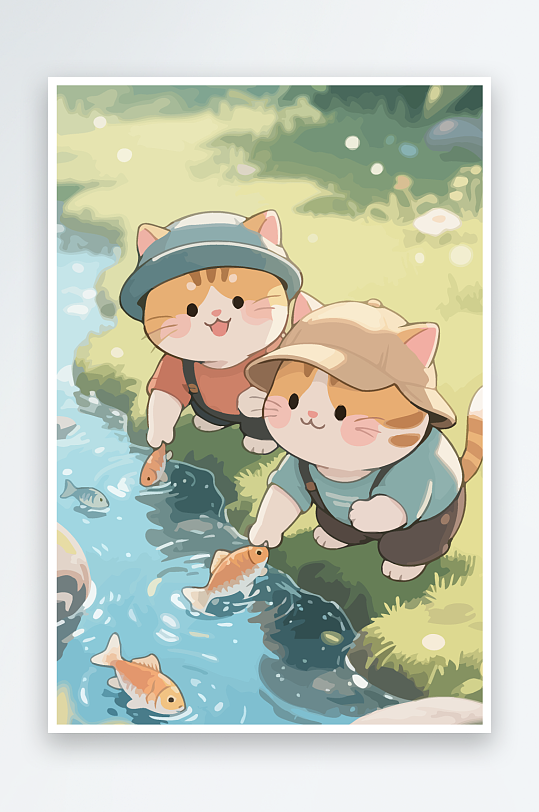 Q版两只小猫在小溪玩水-众图网