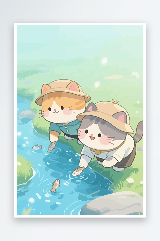 Q版两只小猫在小溪玩水-众图网