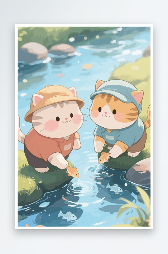 Q版两只小猫在小溪玩水-众图网