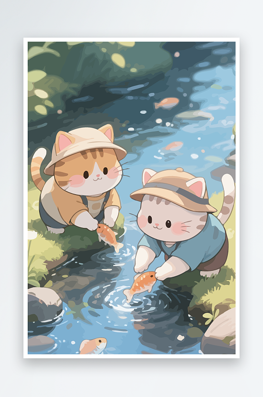 Q版两只小猫在小溪玩水-众图网