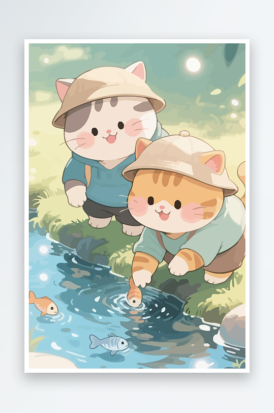 Q版两只小猫在小溪玩水-众图网