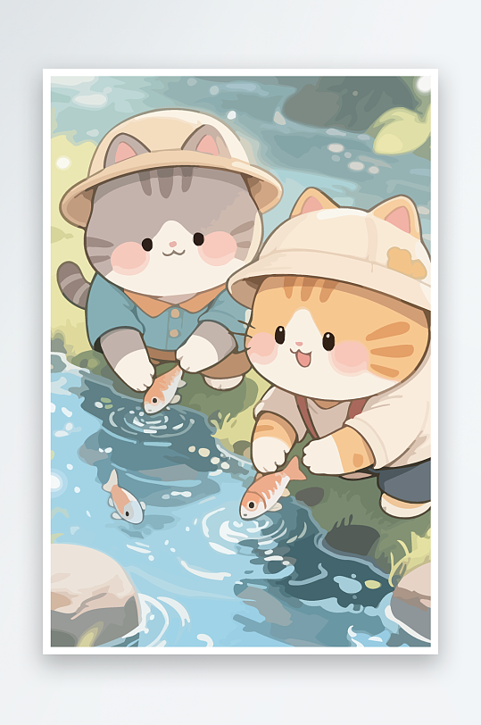 Q版两只小猫在小溪玩水-众图网