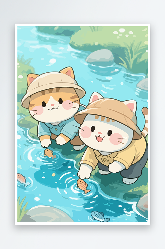 Q版两只小猫在小溪玩水-众图网