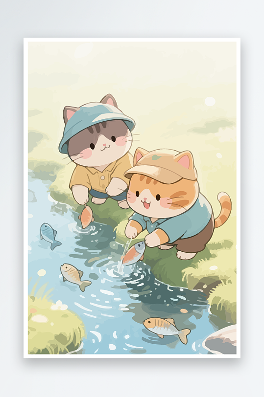 Q版两只小猫在小溪玩水-众图网