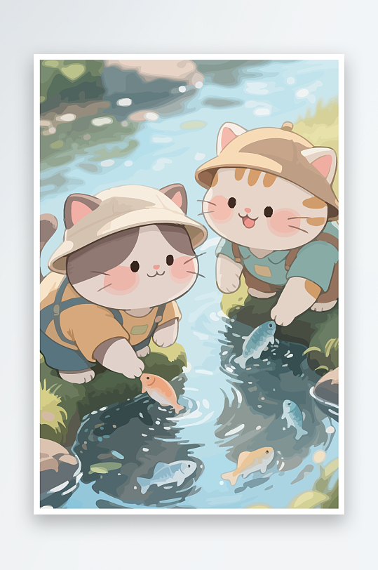 Q版两只小猫在小溪玩水元素-众图网