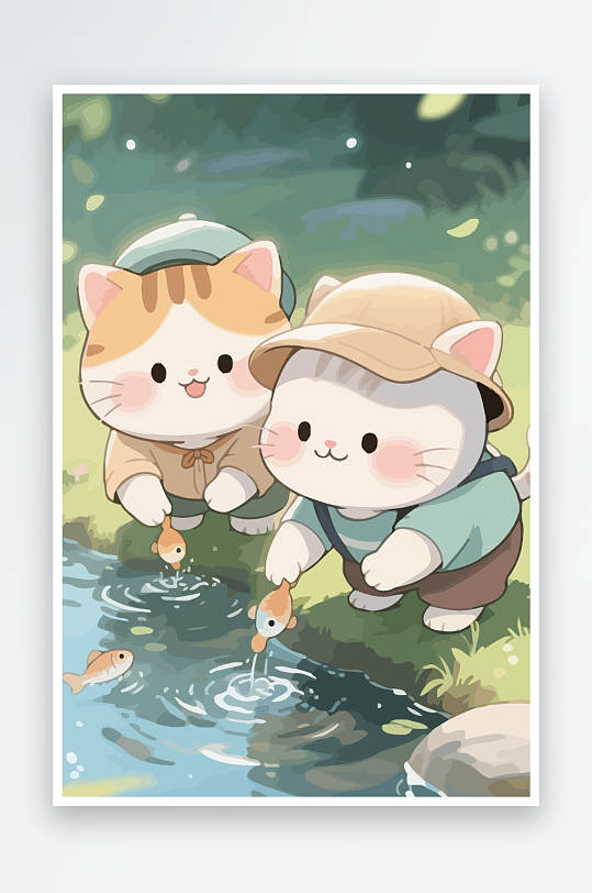 Q版两只小猫在小溪玩水元素-众图网