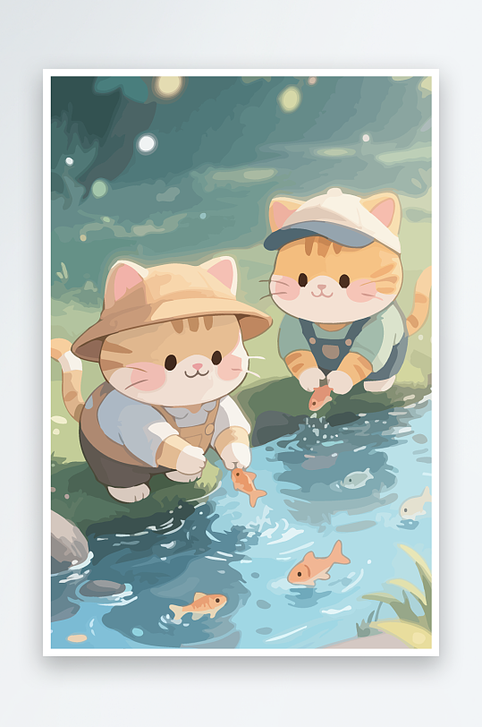 Q版两只小猫在小溪玩水元素-众图网
