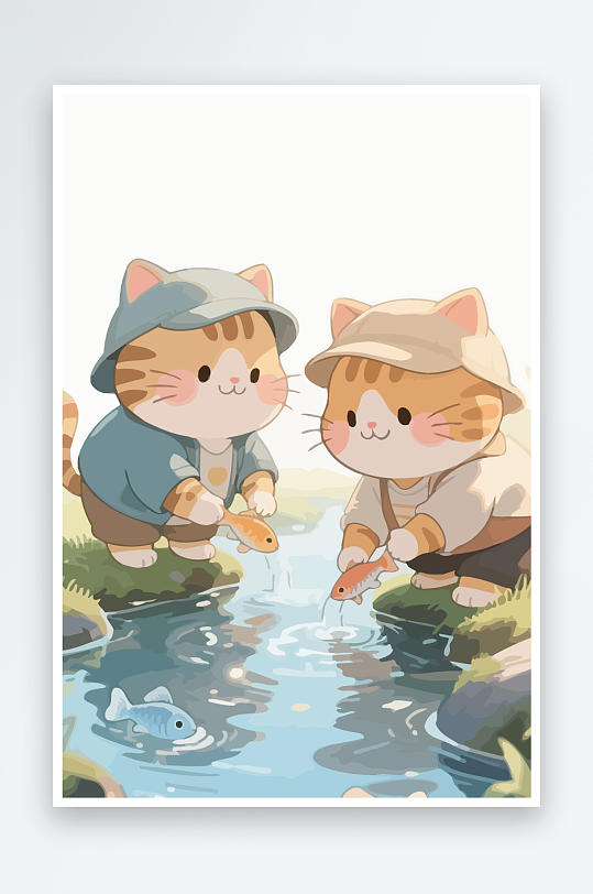 Q版两只小猫在小溪玩水元素-众图网