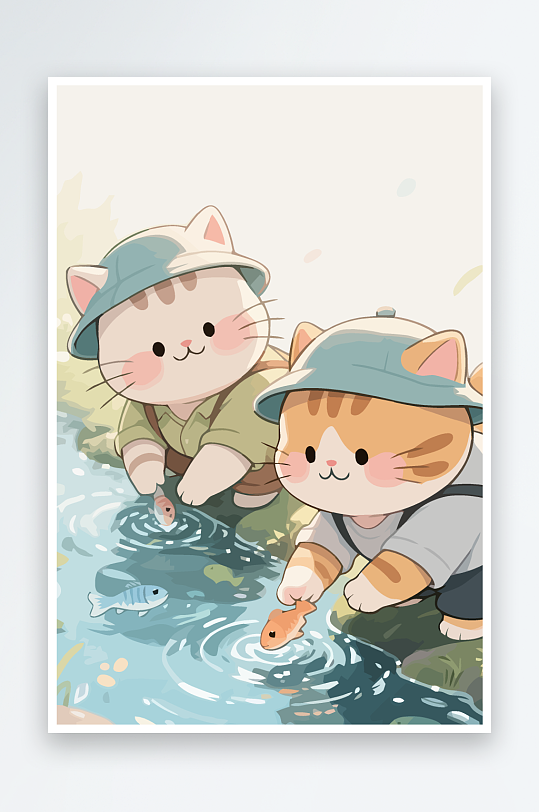 Q版两只小猫在小溪玩水元素-众图网