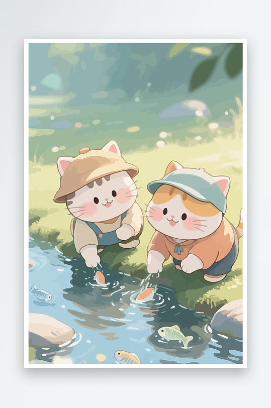 Q版两只小猫在小溪玩水元素-众图网