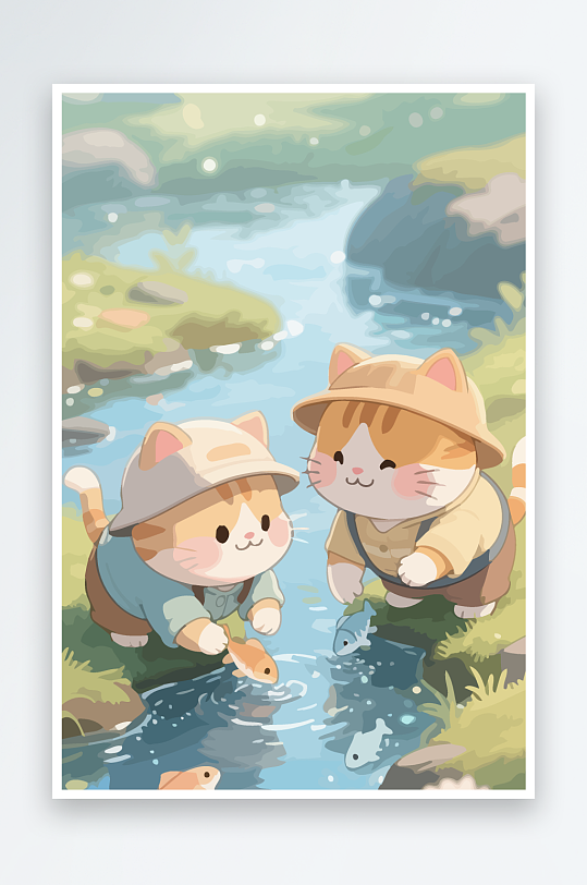 Q版两只小猫在小溪玩水元素-众图网