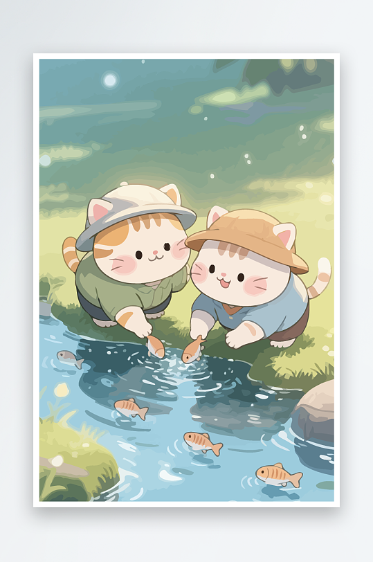 Q版两只小猫在小溪玩水元素-众图网