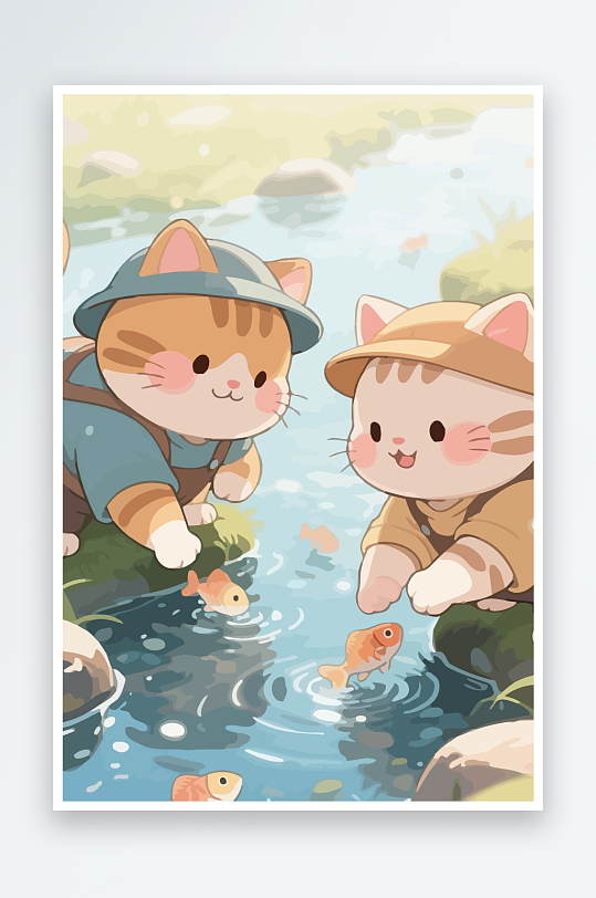 Q版两只小猫在小溪玩水元素-众图网