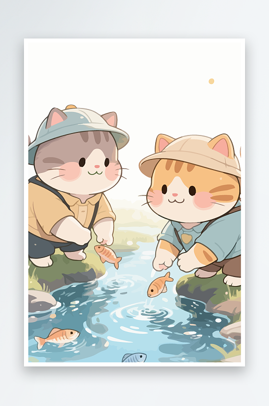 Q版两只小猫在小溪玩水元素-众图网