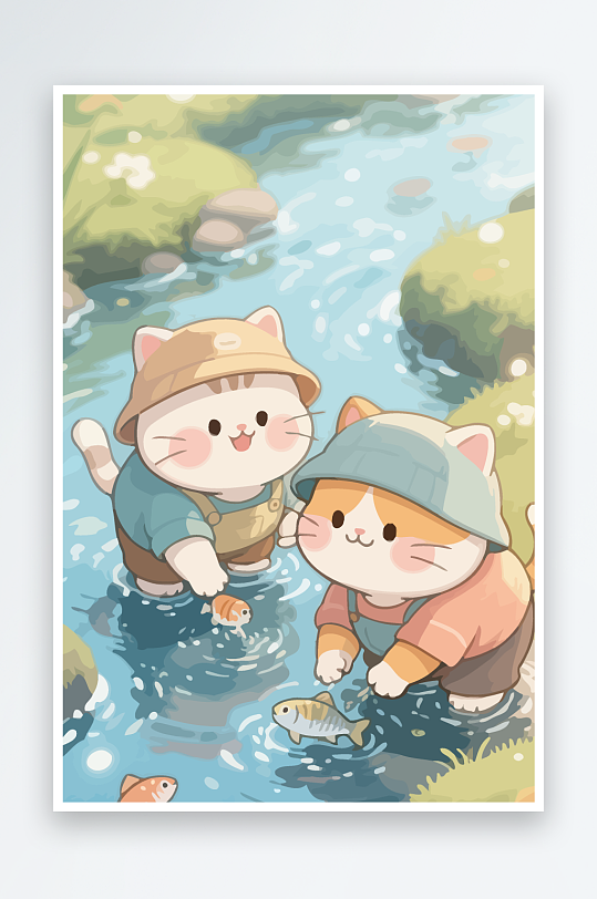 Q版两只小猫在小溪玩水元素-众图网